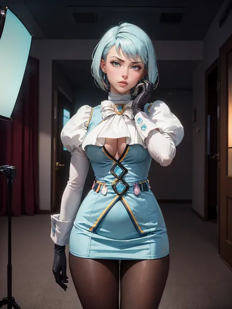 8k, ray tracing, vibrant colors, (aafranziska, light blue hair:1.5), ascot, puffy sleeves, pencil skirt, pantyhose, black gloves, jewelry, earrings, slim figure, masterpiece, sharp focus, Best Quality, depth of field, cinematic lighting, very detailed clot...