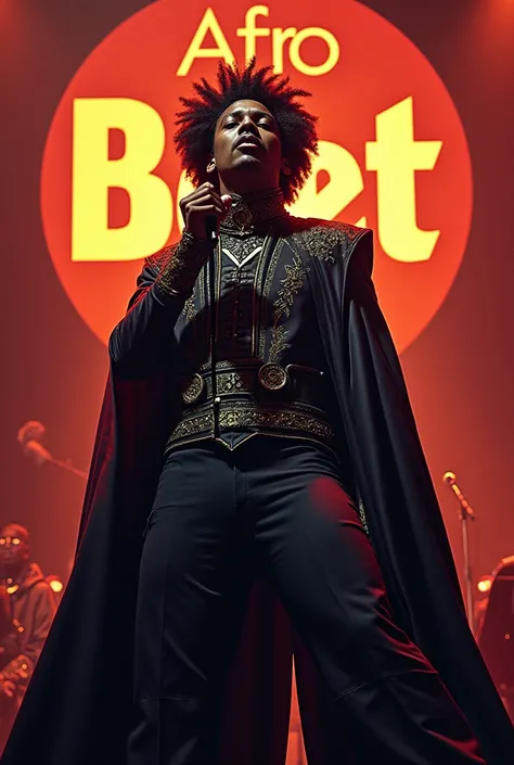 Afro male in a Gothic outfit singing with the word Afrobeat boldly written on the Background