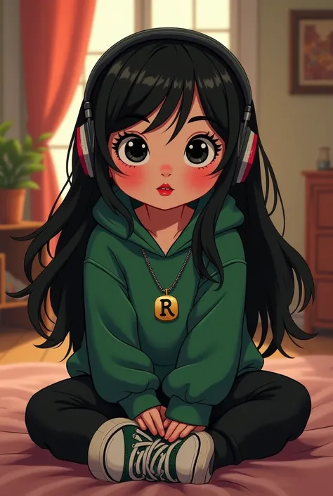 I want a Disney version girl dressed in black pants and a green hooded sweatshirt. The girl has long black hair, long eyelashes, a red mouth. She is white-skinned and has brown eyes. She has cover sneakers. She has a pendant on her neck that has the letter...