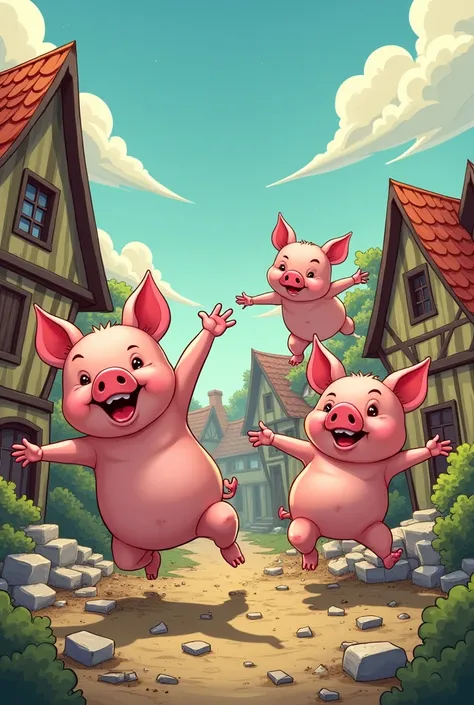 The 3 little pigs in the version where the pigs are bad and naughty destroying houses cartoon