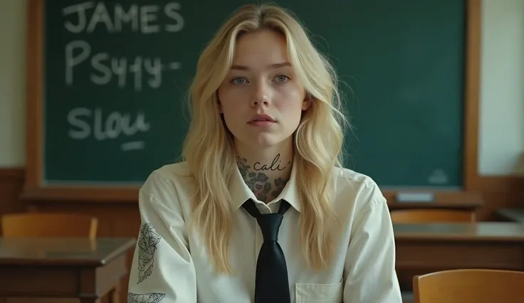 Actress Ellen Fanning sits in what appears to be a classroom setting. He has long blond hair and wears a shirt with a tie., which adds a formal yet youthful touch to your appearance. His gaze is directed towards the viewer, with a calm and introspective ex...