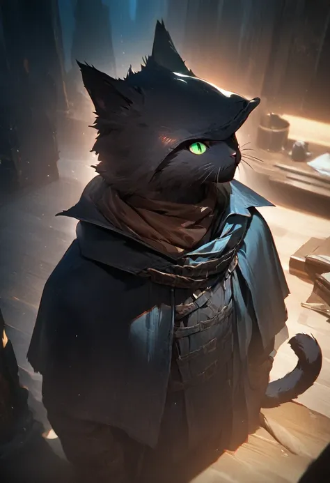 masterpiece, expressive eyes, perfect face, best quality, 1boy, male focus, solo focus, Adult, Tabaxi, Black fur, Cat, Cat tail, Green eyes, Rogue, bloodborne, black capelet,(best quality,4k,8k,highres,masterpiece:1.2),ultra-detailed, HDR, UHD, studio ligh...