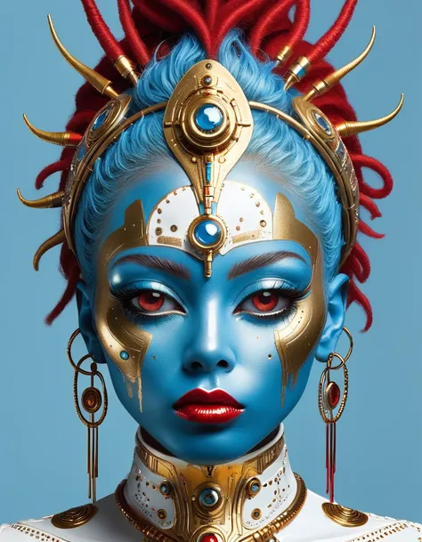 In the style of cyberpunk futurism, African influence, raw etam, light blue and gold, Michael Creese, Steelpunk, Michael Hussar, white background, best quality, high quality, editorial photo, absurdists, masterpiece, intricate detail, film grain, intense r...