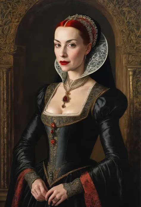 Oil painting of a medieval countess, 16th century oil painting portrait, mavis dracula, oil painting filter, huge cleavage