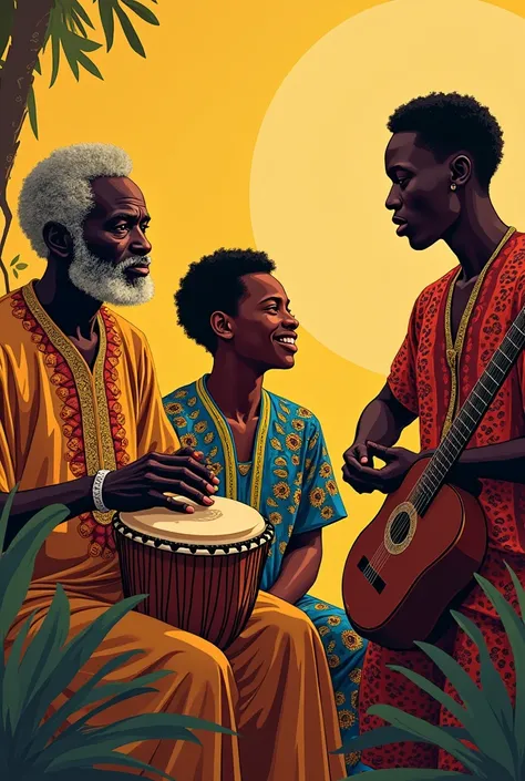 Generate an image of a Djembe,his age,mbira and a Balafon in the same image,and with each person&#39;s name below the illustrations 