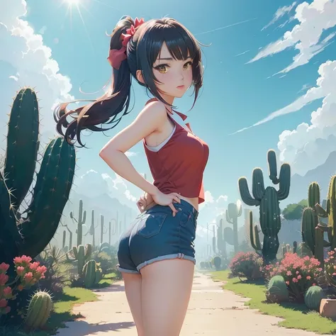 anime girl in short shorts and red top standing in front of cactus, smooth anime cg art, anime style 4 k, beautiful anime girl, anime moe artstyle, digital anime art, 4k anime wallpaper, artgerm and atey ghailan, beautiful anime, attractive anime girl, ani...