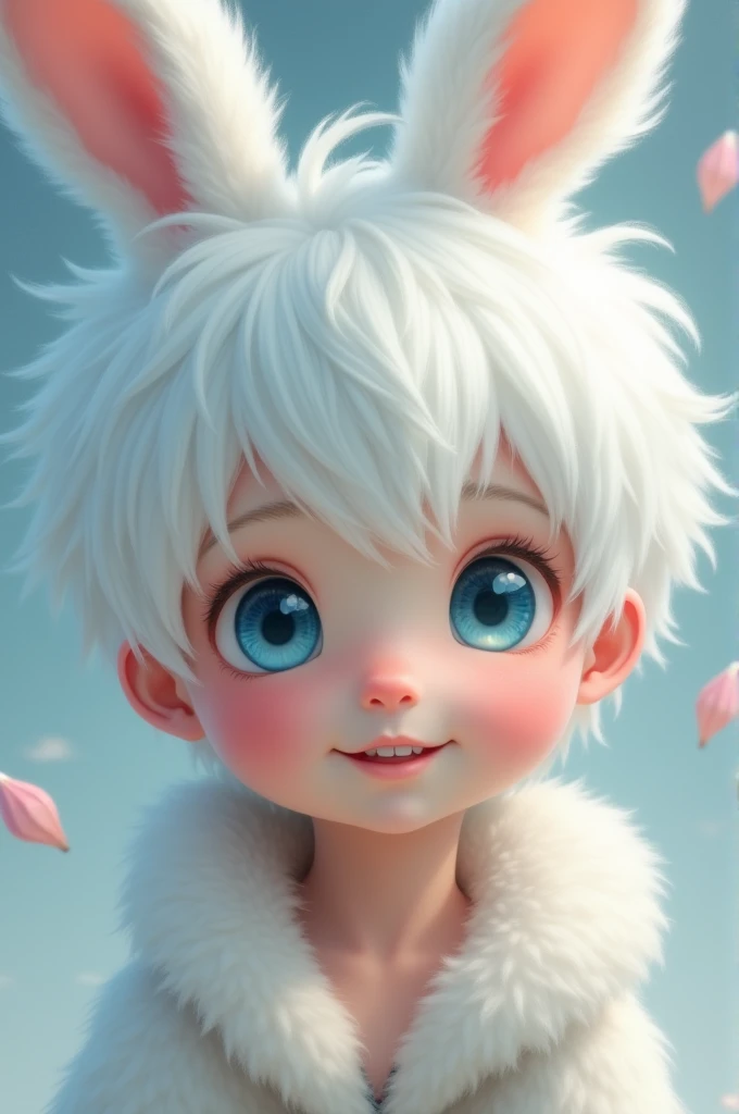 Boy with bunny ears, White hair. Blue eyes. Short fluffy hair. Head picture