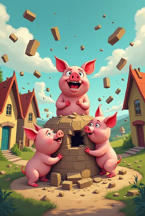 The 3 little pigs in the version where the pigs are bad and naughty destroying houses cartoon