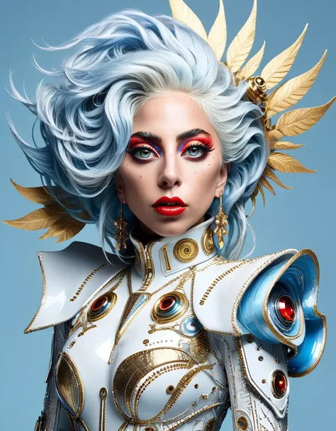 Lady Gaga In the style of cyberpunk futurism, African influence, raw etam, light blue and gold, Michael Creese, Steelpunk, Michael Hussar, white background, best quality, high quality, editorial photo, absurdists, masterpiece, intricate detail, film grain,...