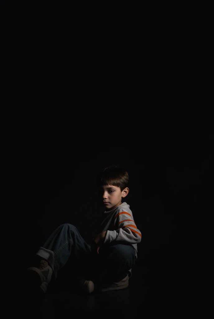 male boy sitting in the dark room with dark shadow 