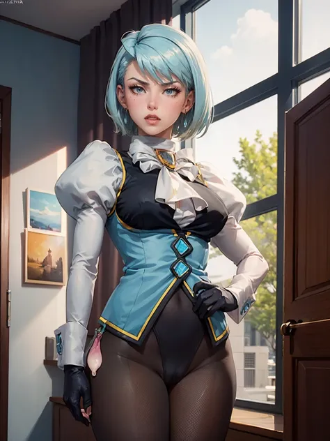 8k, ray tracing, vibrant colors, (1girl, solo), (aafranziska, light blue hair:1.5), ascot, puffy sleeves, pencil skirt, pantyhose, black gloves, jewelry, earrings, slim figure, masterpiece, sharp focus, Best Quality, depth of field, cinematic lighting, ver...