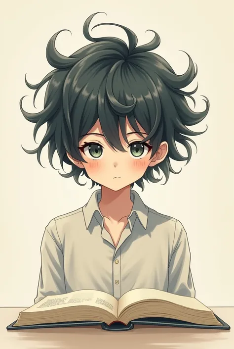 Create an anime boy with book hair facing forward but not to the side, but looking forward