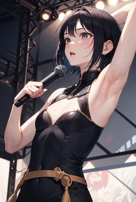 Very Short Hair、Black Hair、Mid-chest、One Woman、Raising left arm、Armpit、In town、Angle looking up from below、confidence、Highest quality、Expressionless、cool、Upper Body、Armpitのアップ、From the side、Staring at the audience、Mouth closed、Armpit sweat、encounter