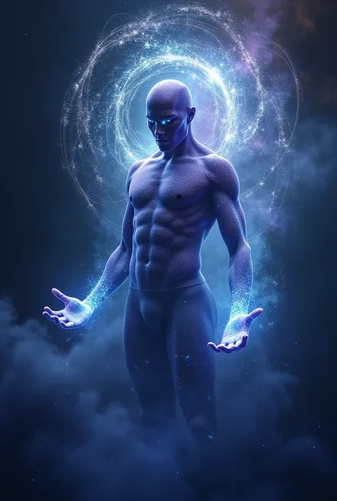 or "Deus das Dorus" can be represented as a cosmic figure of fluid and indefinite form, evoking the immensity of space. Your body could be composed of an ethereal substance, similar to a mixture of gas and light, with colors that vary between shades of blu...