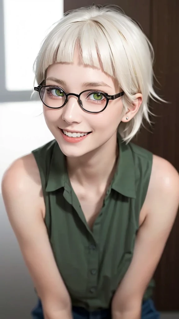 (representative work:1.4), (8K, realistic, RAW photo, Highest image quality:1.4), (19 year old girl), (smile:1.4), (side shot:1.1), beautiful face, (realisticな顔), button-up shirt, ((glasses)), (white hair, medium hair:1.3), beautiful hairstyle, realistic e...