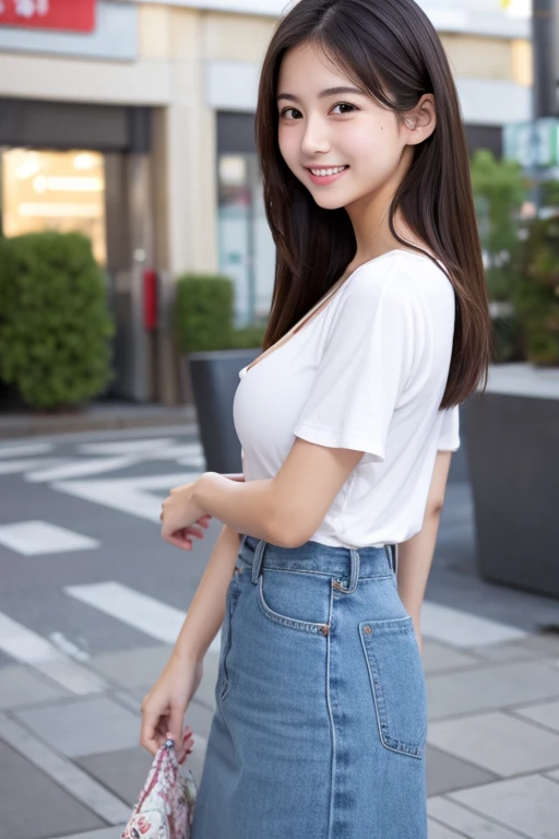 Cute Girls、Large Breasts、、G Cup、Casual clothing、Random hairstyle、whole body、Low - Angle、Meet in front of the station、White skin、smile