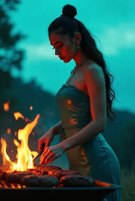 araffes in a blue dress cooking meat on a grill, cooking it up, side shot, cooked, serving burgers, outdoors, bottom angle, full length shot, cooking, profile shot, cover shot, teal, intense smoldering, up close shot, mouthwatering, breath taking beautiful...