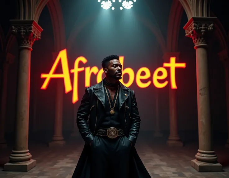 Afro male in a Gothic outfit singing with the word Afrobeat boldly written on the Background