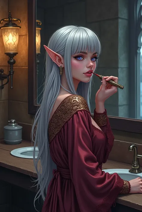 (Ultra-detailed face, looking away, Fantasy Illustration with Gothic, Ukiyo-e, Comic Art, Rich colors), 
BREAK 
(This is the powder room of a medieval Scandinavian style stone and wood mansion. It has moody lighting and a modern wooden vanity table.), 
BRE...