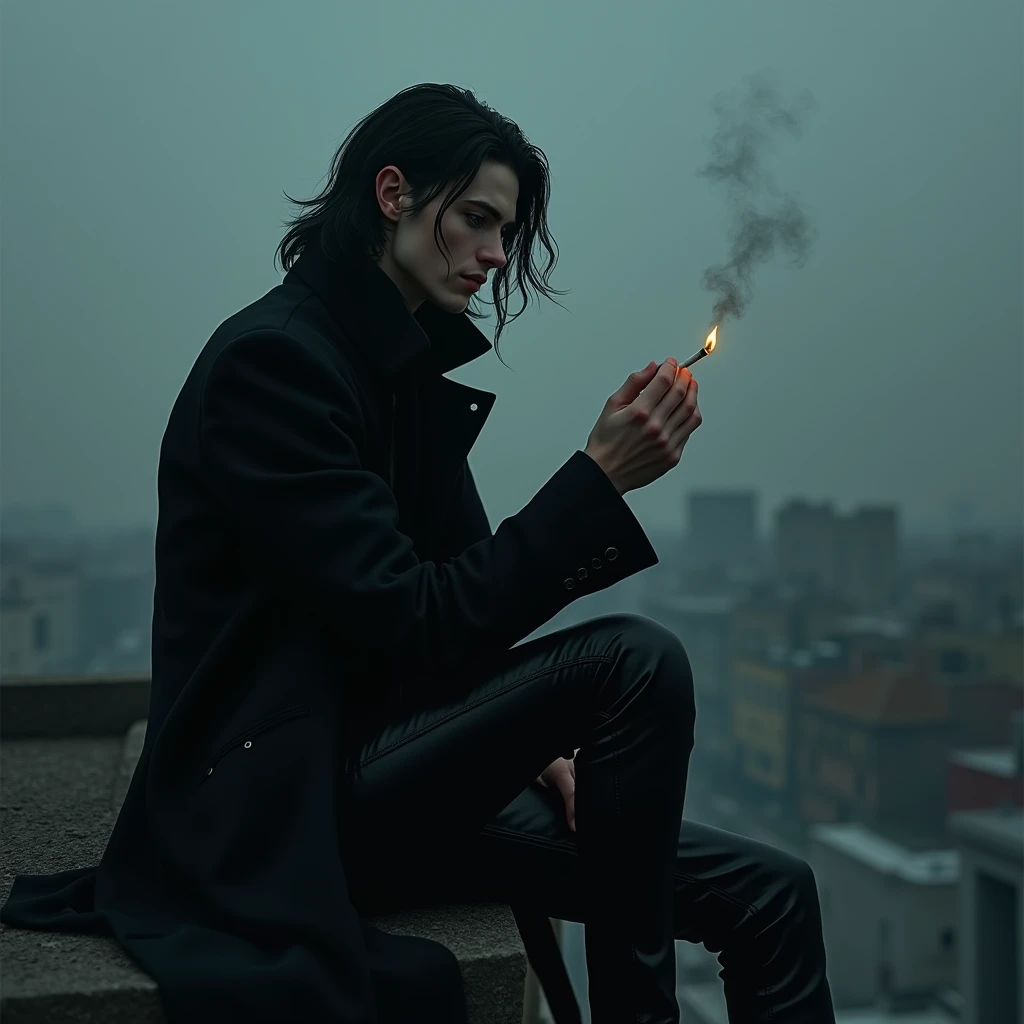 A sexy male with teal blue eyes and long black hair, with a nice and delicate facial features, he is wearing a black trench coat and shiny black leather jeans. His skin is pale and white, and hes smoking a cigarette while sitting on the edge of the rooftop...