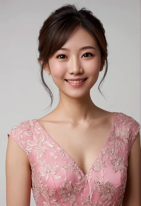 smiling woman with a pink dress standing in front of a white background, this person does not exist, japanese, right - half a cheerful face, slight smile expression, smiling expression, defined facial features, slightly happy facial expression, delicate fa...