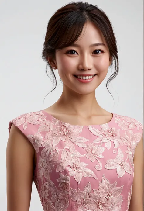 smiling woman with a pink dress standing in front of a white background, this person does not exist, japanese, right - half a cheerful face, slight smile expression, smiling expression, defined facial features, slightly happy facial expression, delicate fa...