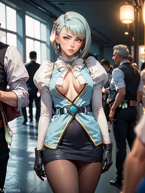 8k, ray tracing, vibrant colors, (1girl, solo), (aafranziska, light blue hair:1.5), black ascot, puffy sleeves, pencil skirt, pantyhose, black gloves, jewelry, earrings, slim figure, masterpiece, sharp focus, Best Quality, depth of field, cinematic lightin...