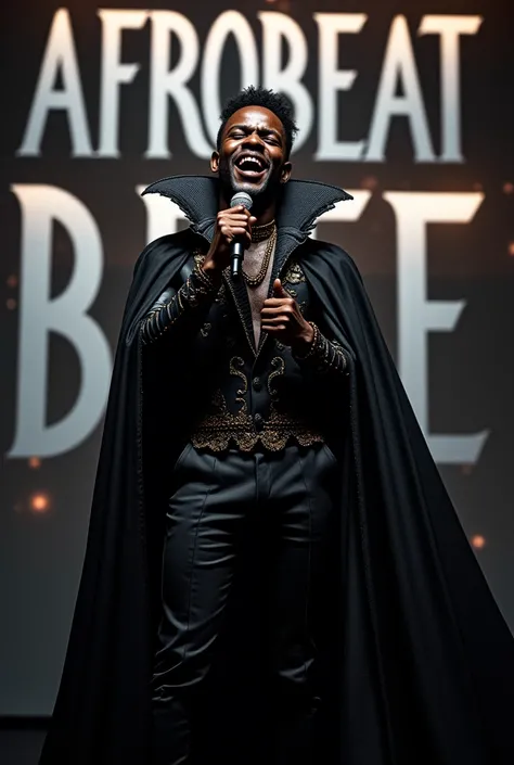 Afro male in a Gothic outfit singing with the word Afrobeat boldly written on the Background