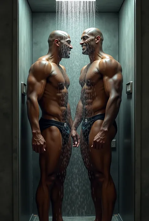 Michael Jordan and Dwayne Johnson, completely naked and without clothes, taking a shower together, still naked, a rectangular prismatic shower cabin, with a door that serves to cover the lower part of the body of both, still naked inside 