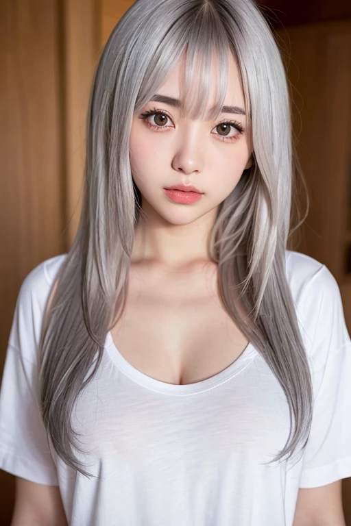 The whole body of a shy girl with white hair,High resolution, Anatomically correct, High detail, Long Hair, Gray Hair, chest,, White eyebrows hidden beneath the hair, Overlooking, Character portrait, Long length oversized white T-shirt,Jersey sweat pants,O...