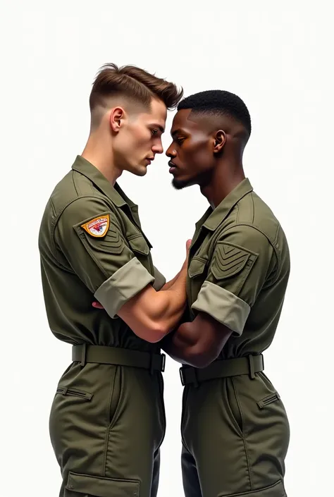 crie uma imagem com fundo branco. Two young men in army uniform, military haircut, one with white skin and the other black. The two must be close to each other, head to head. Emphasizing that the black boy is a little stronger.