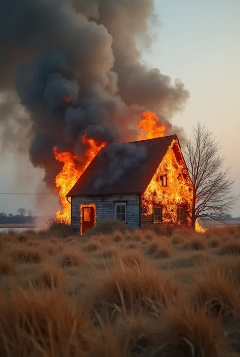 a building burning in a brown grass 