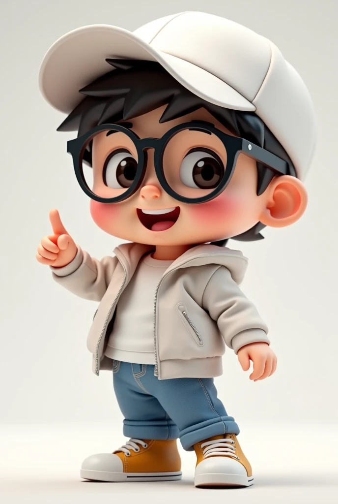 smiling with white cap and glasses and jacket pointing to the camera 3d chibi