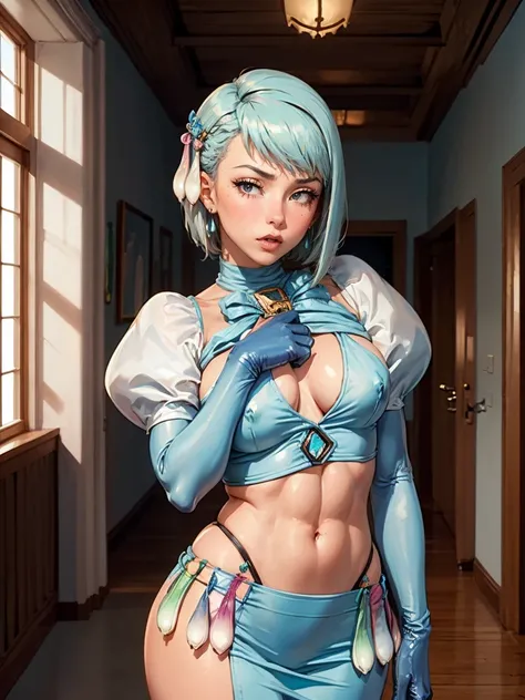 8k, ray tracing, vibrant colors, (1girl, solo), (aafranziska, light blue hair:1.5), black ascot, puffy sleeves, pencil skirt, pantyhose, black gloves, jewelry, earrings, slim figure, masterpiece, sharp focus, Best Quality, depth of field, cinematic lightin...