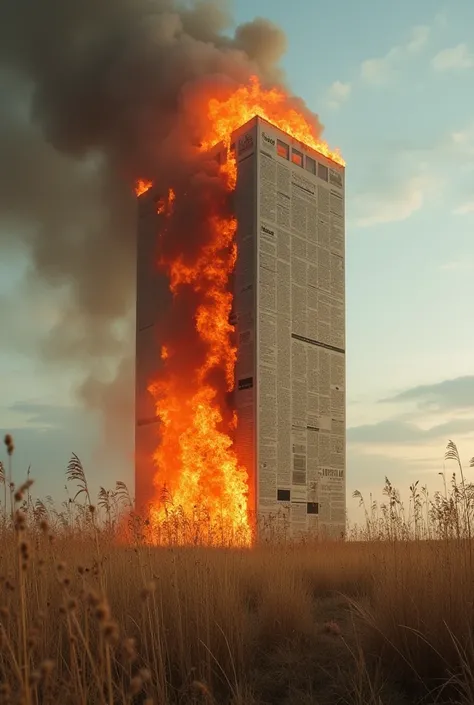 In a newspaper there is a 20-story building burning in a brown grass 