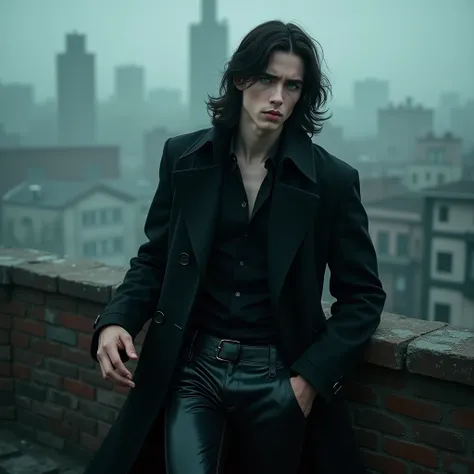 A sexy young male with teal blue eyes and long black hair, with a nice and delicate facial features, he is wearing a black trench coat and shiny black leather jeans. His skin is pale and white, and hes smoking a cigarette while leaning back on the edge of ...