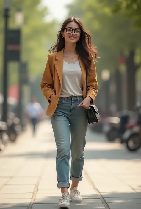 Woman with glasses walking towards me with sneakers 