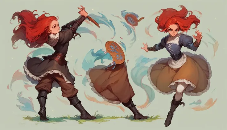 Concept art, girl, red hair, MEDIEVAL CLOTHES, brown pants, black boots, medieval gothic theme, full body pose