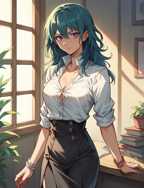 masterpiece, best quality, illustration, pixiv, byleth_(female)_(fire_emblem), 1girl, solo, white buttoned shirt, red plaided skirt, bracelets, highschool outfits