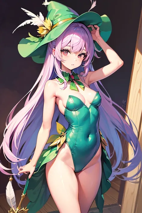 best qualityer, (work of art:1.2), illustration, absurderes,  (1 girl, standing alone), (beautiful detailed girl),, Aeolian, lilac hair, long hair, Eyes red, medium breasts,, glad, happy,, green hat, hat with feather decoration, green leotard, looking ahea...