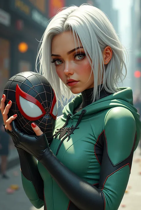 drawn in a spiderverse artstyle, a woman, 20 years old, southeast asian, knee length platinum white thin straight hair (black on the roots), wears light green colored spiderman suit as a top (the suit has a hood), her left eye is gray, and her right eye is...