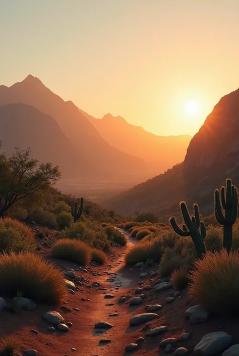 An image of northeastern Brazil with small cacti and vegetation of the region, at sunset with mountains with orange and brown tones, without people and with little load of objects