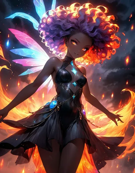 Una preto dark girl jinx sexy + Glowing afro girl fluttering between bright dark flames and iridescent vagalumes under a terrifying, dark, and fiery sky. [Image of a glowing fairy between black fog and iridescent lights]