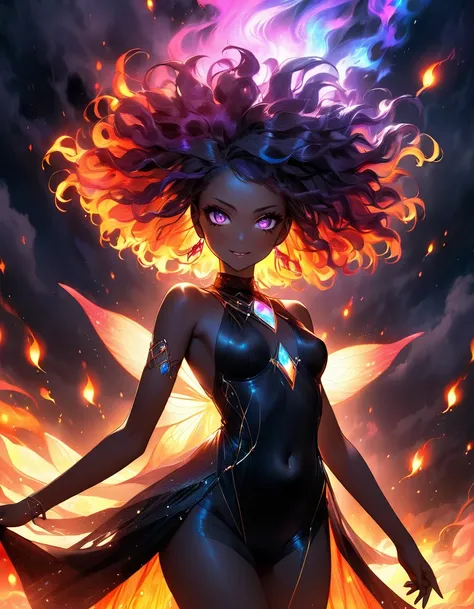 Una preto dark girl jinx sexy + Glowing afro girl fluttering between bright dark flames and iridescent vagalumes under a terrifying, dark, and fiery sky. [Image of a glowing fairy between black fog and iridescent lights]