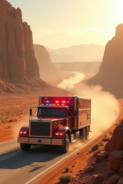 Create an image where an emergency truck is on a street full of cars on a desert road where it deviates from the dam into the desert 