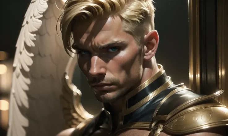 [((highly detailed, detailed eyes, detailed face, clear and realistic facial features, photorealistic, realistic light, cinematic, chest-up shot)), (1 man), (((((Gorgeous perfect sexy powerful masculine male angel))))), (((one pair of large wings))), ((fai...