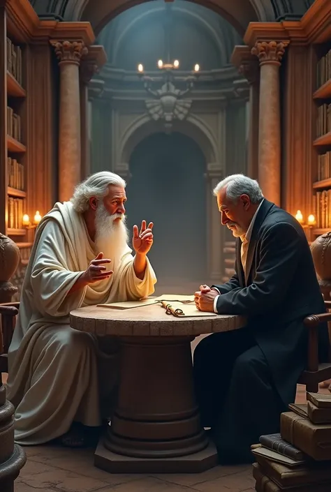 

"Generates an image of two philosophers sitting at a stone table in an ancient setting, surrounded by columns and statues. Plato, with a white robe and a long beard, He gestures with his right hand while speaking. Nietzsche, with a dark suit and a mustac...