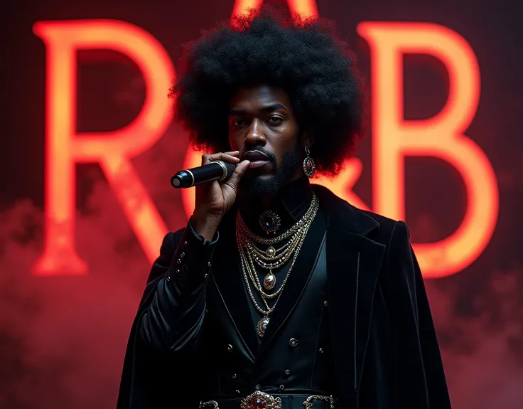 Afro male in a Gothic outfit singing with the word R&B Artist boldly written on the Background