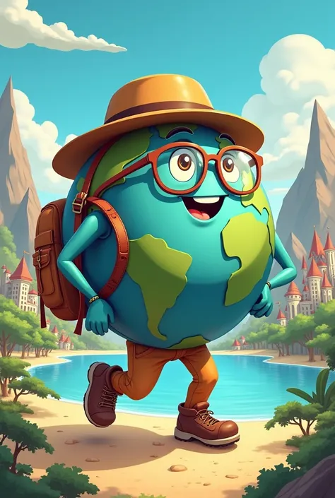 Cartoon of a globe wearing the costume of a traveler who is going to explore and see many places, like the beach, nature, or extraordinary cities, with glasses and looking very handsome