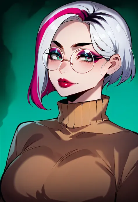 score_9, score_8_up, score_7_up, gwentd, 1girl, solo, two-tone hair, lipstick, makeup, turtleneck sweater, round eyewear, source_anime